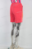 Red acid washed orange digital print boot cut shorts