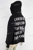 Black digital print raw hem hoodie