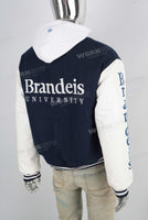 Blue embroidered leather hooded jacket