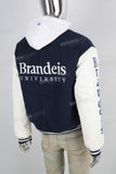Blue embroidered leather hooded jacket