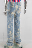 Blue straight damaged screen print jeans
