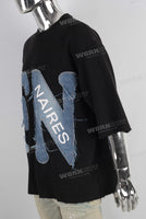 Black patchwork embroidered raw hem t shirt