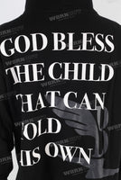 Black digital print raw hem hoodie