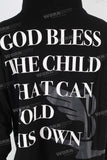 Black digital print raw hem hoodie