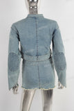 Blue denim zip up jacket and boot cut skirt set