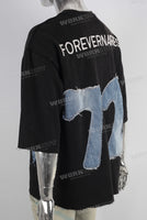 Black patchwork embroidered raw hem t shirt