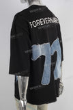 Black patchwork embroidered raw hem t shirt