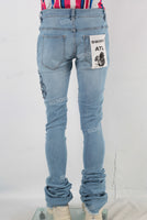 Blue damaged embroidered stack jeans