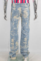 Blue straight damaged screen print jeans