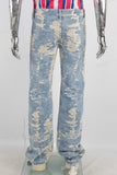 Blue straight damaged screen print jeans