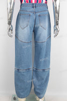 Blue baggy zip up patchwork jeans