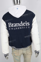 Blue embroidered leather hooded jacket