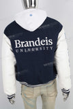 Blue embroidered leather hooded jacket