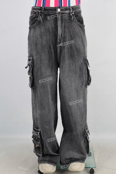Black acid washed cargo jeans