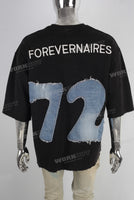 Black patchwork embroidered raw hem t shirt