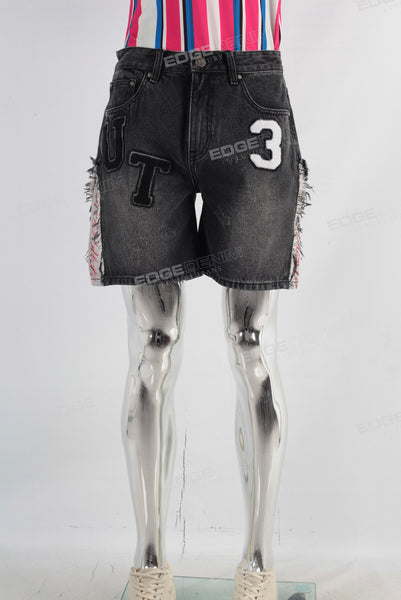Embroidered digital print damaged jeans