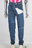 Double laver waistband patchwork damaged jeans
