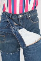 Double laver waistband patchwork damaged jeans