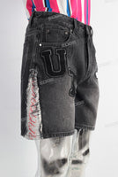 Embroidered digital print damaged jeans