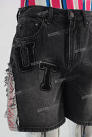 Embroidered digital print damaged jeans