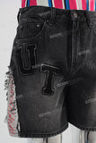 Embroidered digital print damaged jeans