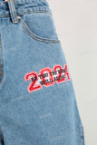 Blue patchwork boot cut short