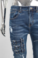 Blue biker damaged skinny jeans
