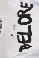 White screen print raw hem long sleeve shirt