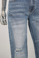 Blue digital print straight damaged jeans