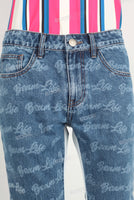 Blue laser patchwork flare jeans
