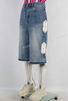 Blue patchwork rhinestome boot cut shorts