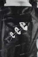 Black leather embroidered strap panrts