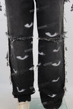 Black boot cut digital print straight jeans