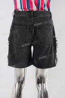 Embroidered digital print damaged jeans