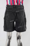 Embroidered digital print damaged jeans