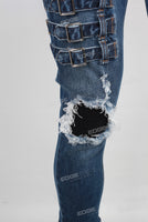 Blue biker damaged skinny jeans