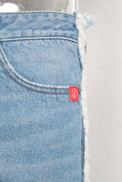 Blue digital print damaged boot cut jeans