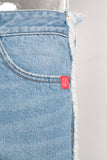 Blue digital print damaged boot cut jeans