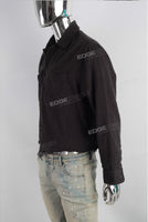 Raw hem cut edge pocket black denim shirt men
