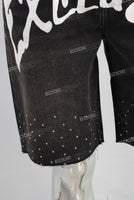Black digital print rhinestone patchwork shorts