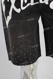 Black digital print rhinestone patchwork shorts