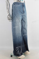 Blue screen print baggy boot cut jeans