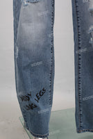 Blue digital print straight damaged jeans