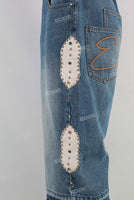 Blue patchwork rhinestome boot cut shorts