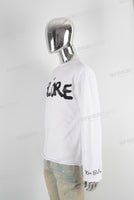 White screen print raw hem long sleeve shirt