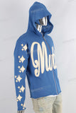 Blue puff print boot cut hooded jacket