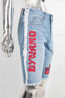 Blue digital print damaged boot cut jeans