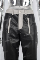 Black leather stitching zipper bell bottom jeans