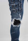 Blue biker damaged skinny jeans