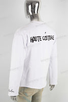 White screen print raw hem long sleeve shirt